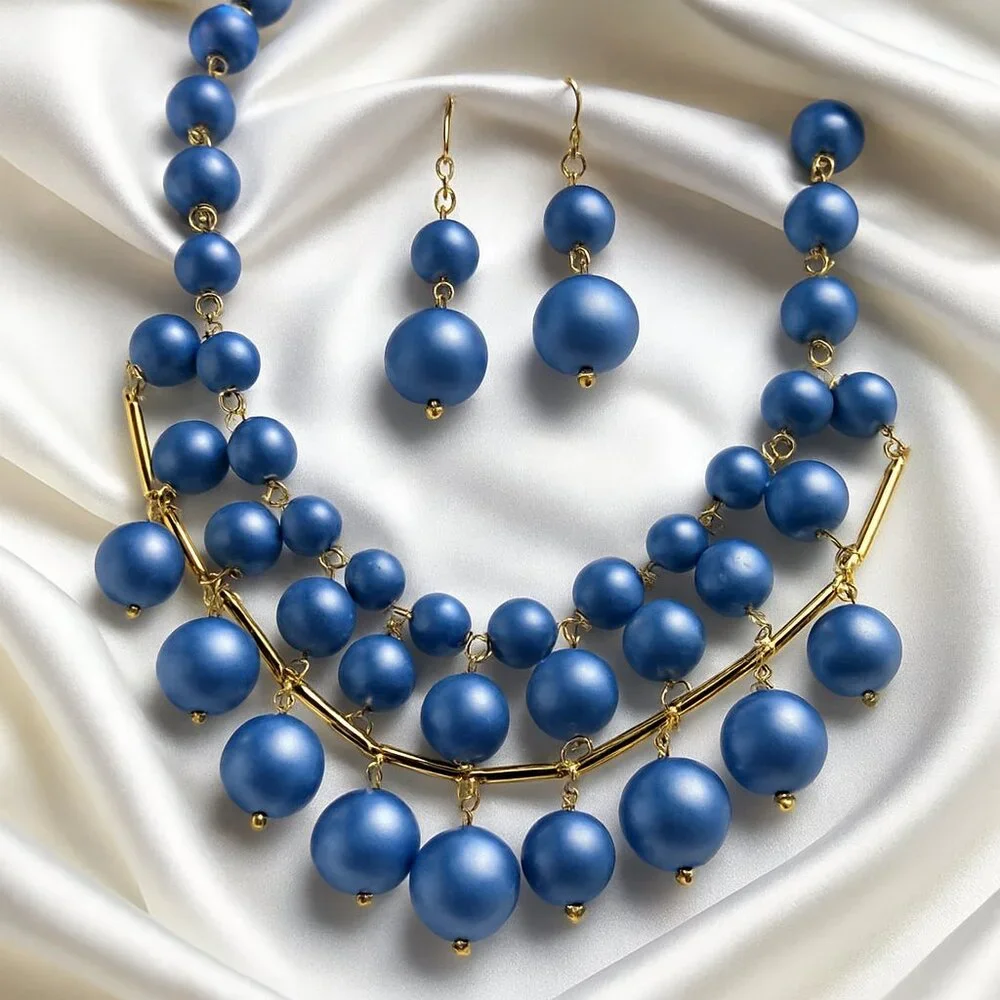 Blue Beaded Necklace & Earrings Set with Gold Links – Statement Evening Jewelry